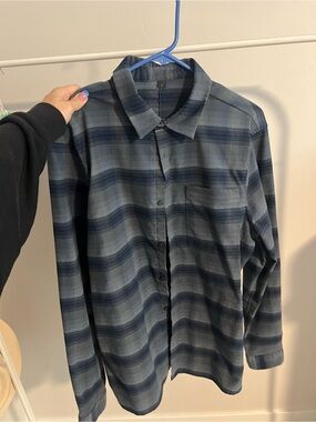 Lululemon Men's Navy Striped Button-Up Shirt